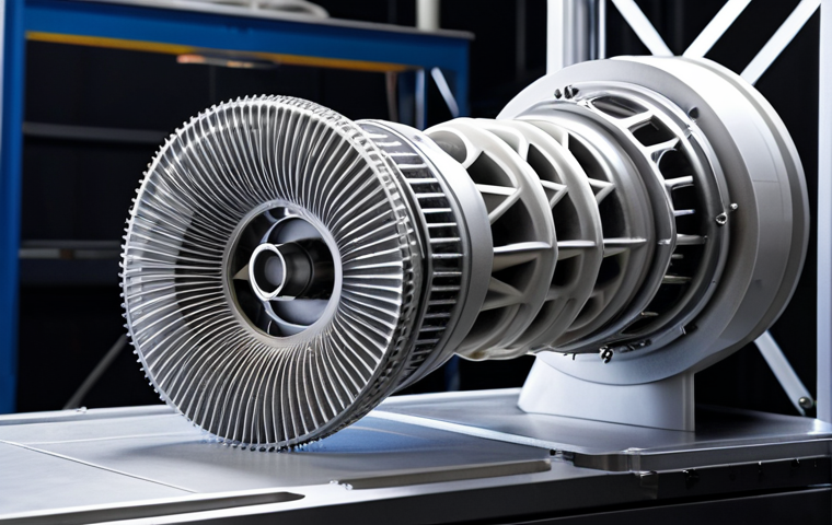 ** A wind turbine being manufactured with 3D printing, showcasing its complex geometry and lightweight titanium components. Focus on the additive manufacturing process and the intricate details of the turbine parts.
2. **Prompt for