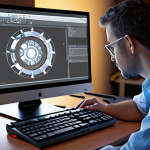 **

A modern mechanical engineer working with 3D modeling software (SolidWorks or AutoCAD) on a computer. In the background, a holographic projection displays a complex mechanical assembly. The scene emphasizes innovation and the shift from traditional drafting to digital design. Focus on bright lighting and a clean, high-tech aesthetic.

**