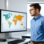 A professional male mechanical engineer, dressed in a modest business shirt and trousers, stands in a modern, well-lit engineering design office. He is looking at a large monitor displaying complex 3D CAD models and simulation data, with physical blueprints and technical documents scattered on a desk beside him. The background subtly includes elements suggesting global standards, such as a world map or a subtle logo representing ISO/ABNT, implying a focus on international compliance. The atmosphere is contemplative and focused. Perfect anatomy, correct proportions, natural pose, well-formed hands, proper finger count. Professional photography, high resolution, realistic, safe for work, appropriate content, fully clothed, professional.