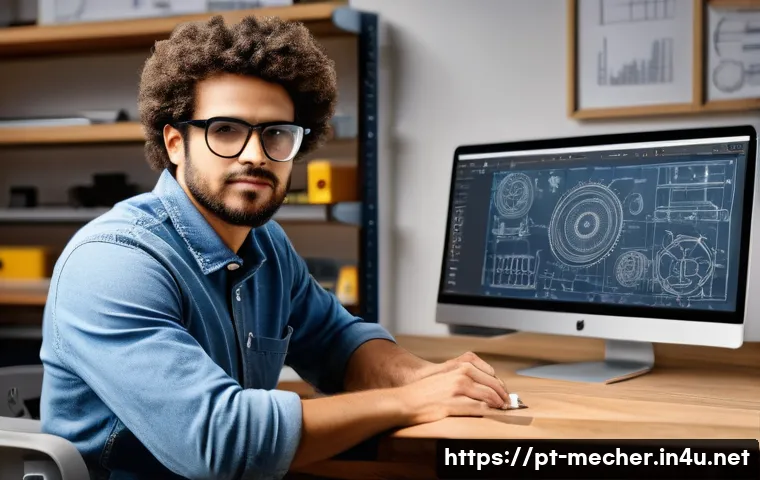 기계설계와 역설계 Reverse Engineering 기법 - A detailed digital workshop scene showing a Brazilian mechanical engineer using advanced CAD softwar...
