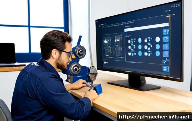 Home 17 기계설계기사와 3D 모델링 실무 - Photorealistic mechanical design engineer in a bright modern workshop, wearing safety glasses and a ...